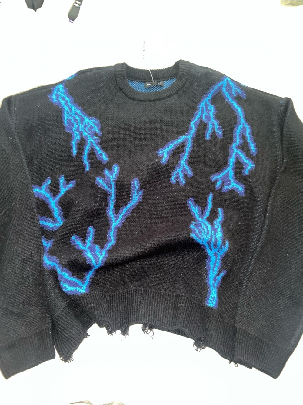 PacSun Black Crewneck Sweater with Electric Blue Branch Design